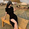 气质抽绳开叉连衣裙女装2023夏季收腰中长款修身显瘦包臀裙子