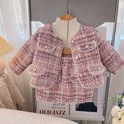 女童小香风珍珠套装，2024冬季洋气时髦宝宝，加棉外套短裙两件套