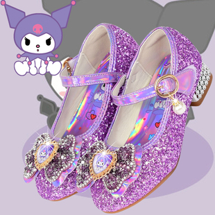 女童高跟鞋春秋库洛米童鞋儿童，紫色公主水晶软底单鞋小孩子皮鞋