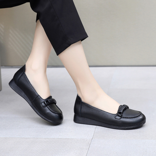 上海花牌妈妈鞋真皮软底豆豆鞋平底单鞋中老年舒适皮鞋一脚蹬女鞋