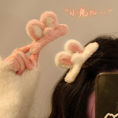 粉色可爱兔耳朵女毛茸茸刘海边夹