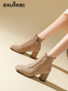 依思q韩系小踝靴秋季法式高跟鞋女2022磨砂系带粗跟绒面短靴
