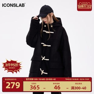 iconslab牛角扣连帽宽松毛呢，棉衣外套冬季男女日系黑色，大衣学院风