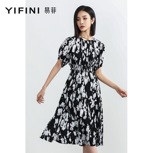 Yifini/易菲黑白印花圆领高腰显瘦短袖中长款连衣裙女夏装