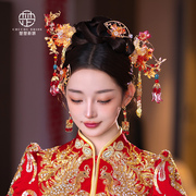 中式红色新娘凤冠头饰，古装流苏秀禾服发饰结婚婚礼礼服配饰品