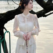 白色新中式套装女夏季轻国风网纱雪纺衫上衣，背心内搭半身裙三件套