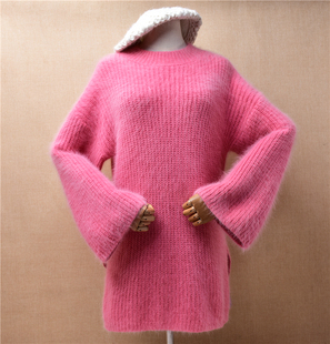 原单秋冬清新甜美粉色兔毛针织中长款宽松喇叭长袖套头毛衣女g112