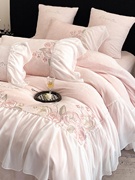 牛奶绒蔷薇花朵刺绣乔其纱雪纺花边粉色秋冬保暖床单款四件套