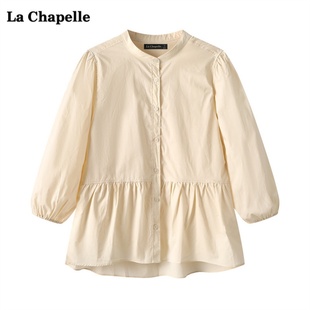 拉夏贝尔lachapelle秋季灯笼，袖立领衬衫，女休闲宽松娃娃衫上衣