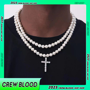CREW十字架珍珠项链拼接简约欧美嘻哈说唱锆石锁骨链镶钻男女高街