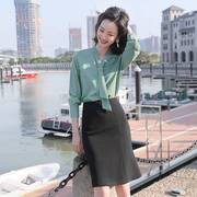 雪纺领带衬衫女时尚洋气韩版气质干练职业装套装绿色小众拼接衬衣