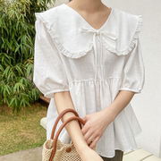 韩国东大门春夏大码女装宽松纯色系带蕾丝娃娃领短袖衬衫