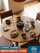 圆形餐桌家用实木可伸缩饭桌小户型长方形吃饭桌子可圆日式折