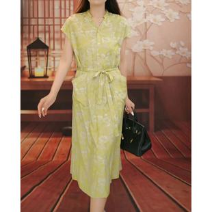 新中式国风荧光绿中长款2024夏季减龄显瘦高贵大码连衣裙1195