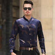 尊信国际金艺斑斓长袖立领，丝绒衬衫中国风商务，男艺术休闲植绒衬衣