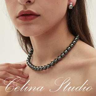 celina10mm大溪地黑珍珠，项链纯银元宝，扣进口施家珍珠