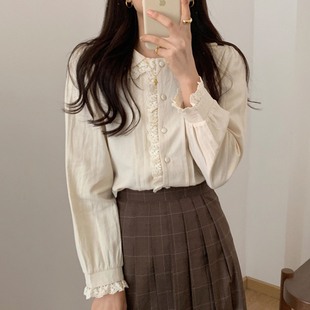 韩国chic春季复古减龄娃娃领拼接蕾丝设计宽松百搭纯色长袖衬衫女