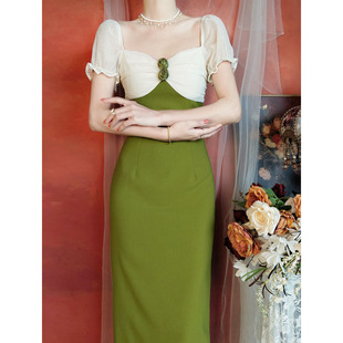 法式宫廷风气质连衣裙女复古设计感拼接收腰显瘦绿色茶歇裙小礼服