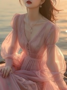 大码粉色雪纺连衣裙女春款沙滩裙海边度假法式长裙子2024年
