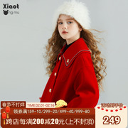 小童木学院风红色，呢子大衣女童毛呢，外套夹棉女大童冬装年服