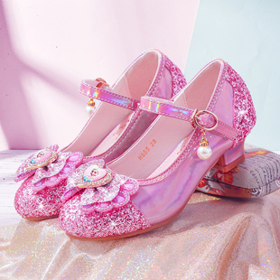 女童鞋舞台水晶鞋粉色爱莎公主，鞋皮鞋银色模特走秀儿童高跟鞋