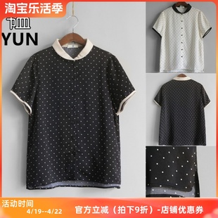 YUN韫夏季女装娃娃拼色领波点印花短袖女衬衫 短袖薄上衣2726