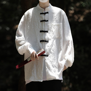 新中式立领提花衬衫男长袖国风，唐装外套夏季潮流，宽松盘扣衬衣