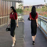 网红时尚两件套裙女2024夏装气质衬衫，显瘦短袖+开叉长裙