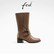 fed棕色时装靴冬季靴子，粗跟中筒靴真皮，瘦瘦靴女款r1128-ys006