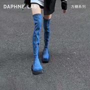 DL达芙妮方糖牛仔过膝靴女2023厚底骑士靴女显瘦百搭长筒靴女