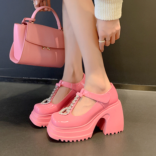 10cm糖果色甜美粉色单鞋春季真皮水钻一字带高跟鞋超高跟粗跟鞋子
