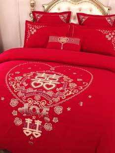 新婚庆(新婚庆)四件套大红全棉，刺绣结婚房嫁喜被龙凤，纯棉六十件套床上用品