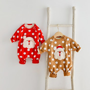 冬款韩版婴幼儿男女宝宝圆点圣诞卡通长袖加厚加绒连体衣婴儿哈衣