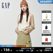 Gap女装2024春季logo撞色拼接插肩袖圆领长袖T恤上衣496389