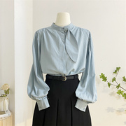 蓝色叶子领结立领长袖衬衫，女2024春设计感宽松灯笼袖减龄韩系上衣