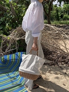 旅游度假沙滩包大容量包包，野餐篮子藤编拼接日韩水，桶形帆布手提袋