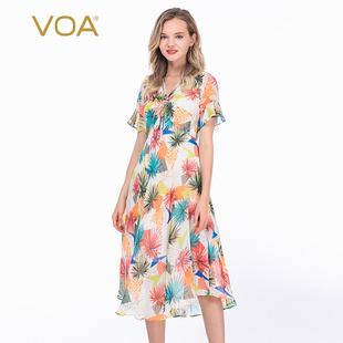 VOA真丝彩色印花深V领荷叶短袖抽褶系带热情活力大摆型沙滩连衣裙