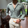 鹿三先生夏季英伦古巴领长袖休闲衬衫，纯色竹纤维千鸟格时尚衬衣男