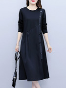 胖妹妹长袖洋气连衣裙2023秋季宽松型简约圆领气质中长款裙子