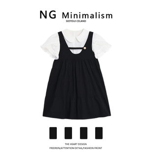 ngminimalism学院风连衣裙娃娃，领甜美可爱衬衫黑色背带裙两件套