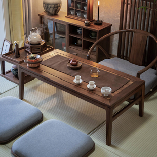 新中式席地茶桌榻榻米禅意，北美黑胡桃木炕桌，飘窗阳台茶室家具组合