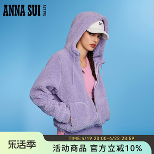 annasui经典安娜系列紫色，仿羊羔毛外套(毛，外套)连帽长袖拉链上衣女