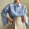 韩国chic小众百搭翻领条纹撞色不规则拼接斜边单排扣宽松长袖衬衫