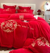 新中式婚庆牛奶绒四件套，大红色结婚喜被罩花边，床单珊瑚绒冬季床品