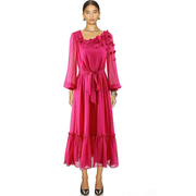 法式2024年春季高端设计感礼服，中长裙气质，优雅玫红色连衣裙女