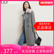 LILY2024春女装舒适羊毛复古千鸟格柔软毛领腰带款毛呢大衣女