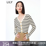 LILY经典V领复古撞色条纹修身显瘦针织开衫通勤休闲毛衫