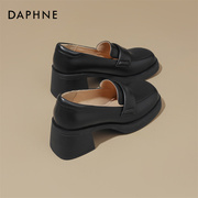 达芙妮Daphne ~黑色方头小皮鞋女粗跟通勤复古单鞋真皮高跟乐福鞋