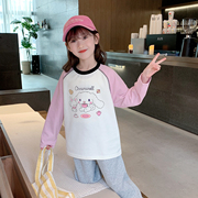 女童长袖t恤2024春装韩版宝宝洋气时髦卡通，插肩圆领打底衫潮