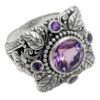 一航奢华紫水晶戒指欧美925复古泰银树叶子花朵指环